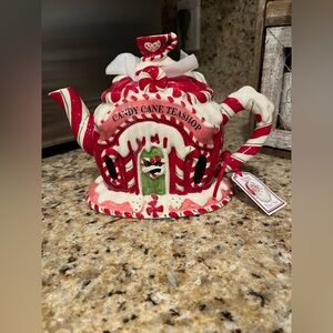 Blue Sky Christmas Candy Cane Teashop Ceramic Teapot